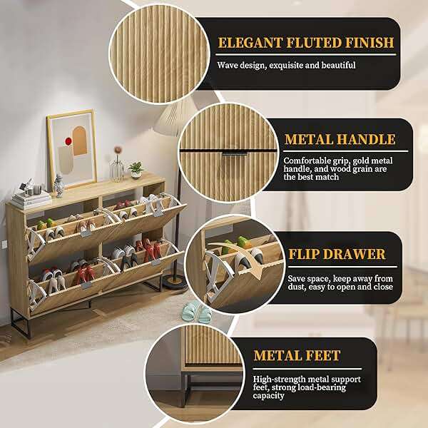 Jluomei Shoe Cabinet Storage for Entryway Slim Modern Shoe Rack Cabinet with 4 Flip Drawers Tipping Wooden Narrow Shoe Cabinet Freestanding Fluted Shoe Organizer for Living Room, Wood - Image 6