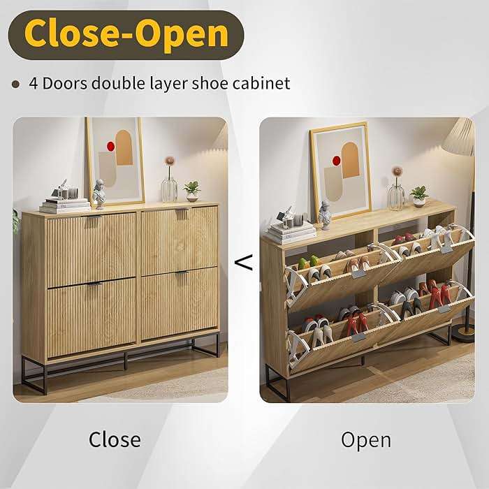 Jluomei Shoe Cabinet Storage for Entryway Slim Modern Shoe Rack Cabinet with 4 Flip Drawers Tipping Wooden Narrow Shoe Cabinet Freestanding Fluted Shoe Organizer for Living Room, Wood - Image 7