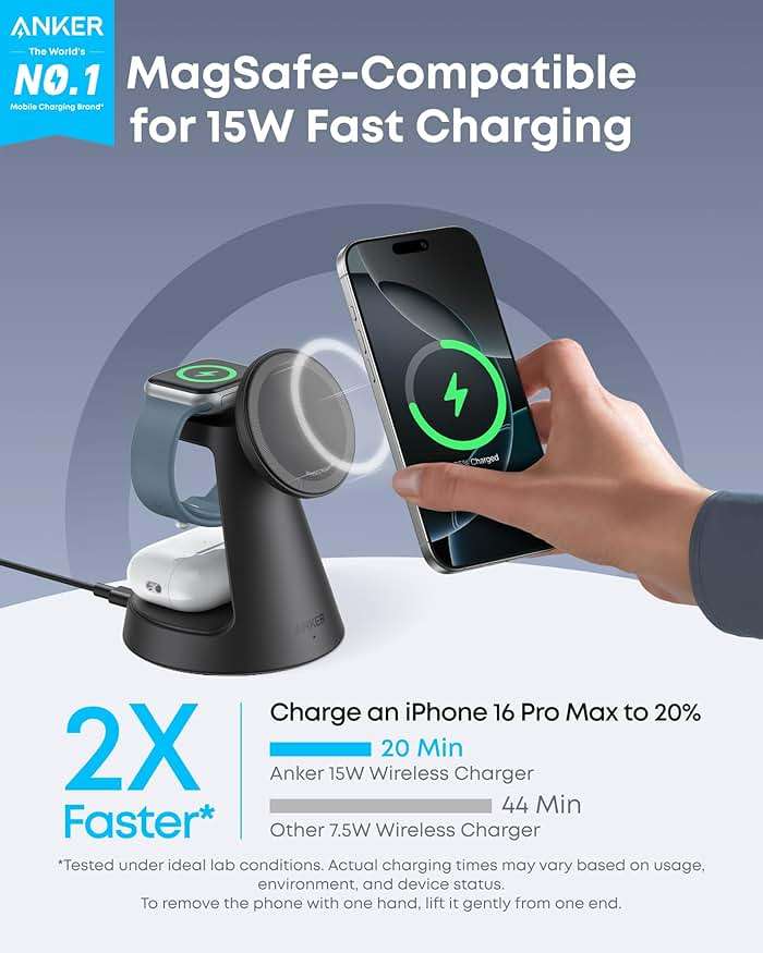 Anker MagSafe Charger Compatible, MagGo 3-in-1 Charging Station, Nano Charging Stand, Qi2 Certified 15W Magnetic Wireless Charger Dock, for iPhone 17/16/15/14, Apple Watch, AirPods (Adapter Included) - Image 2