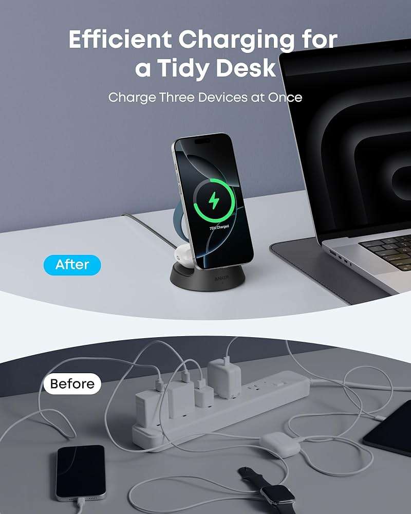 Anker MagSafe Charger Compatible, MagGo 3-in-1 Charging Station, Nano Charging Stand, Qi2 Certified 15W Magnetic Wireless Charger Dock, for iPhone 17/16/15/14, Apple Watch, AirPods (Adapter Included) - Image 5
