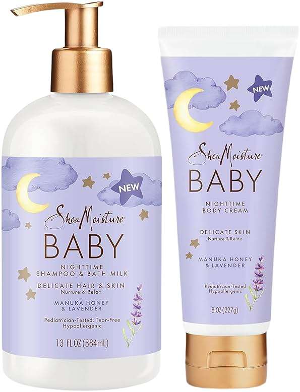Shea Moisture Baby Care Set – Relaxing Nighttime Shampoo & Bath Milk + Body Cream for Delicate Skin, Manuka Honey & Lavender (2 Piece Set) - Image 1
