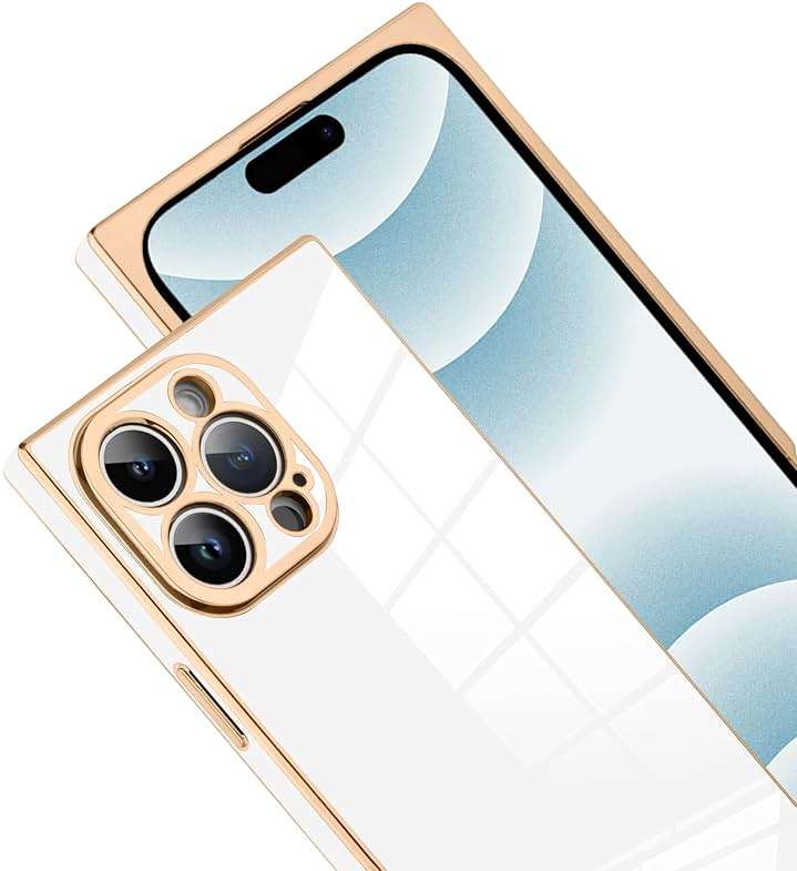 SAKUULO Case for iPhone 16 Pro Max Cute Plating Gold Case for Women Girls Soft TPU Shockproof Raised Full Camera Protection Electroplate Bumper Cover for iPhone 16 Pro Max 6.9"- White - Image 2