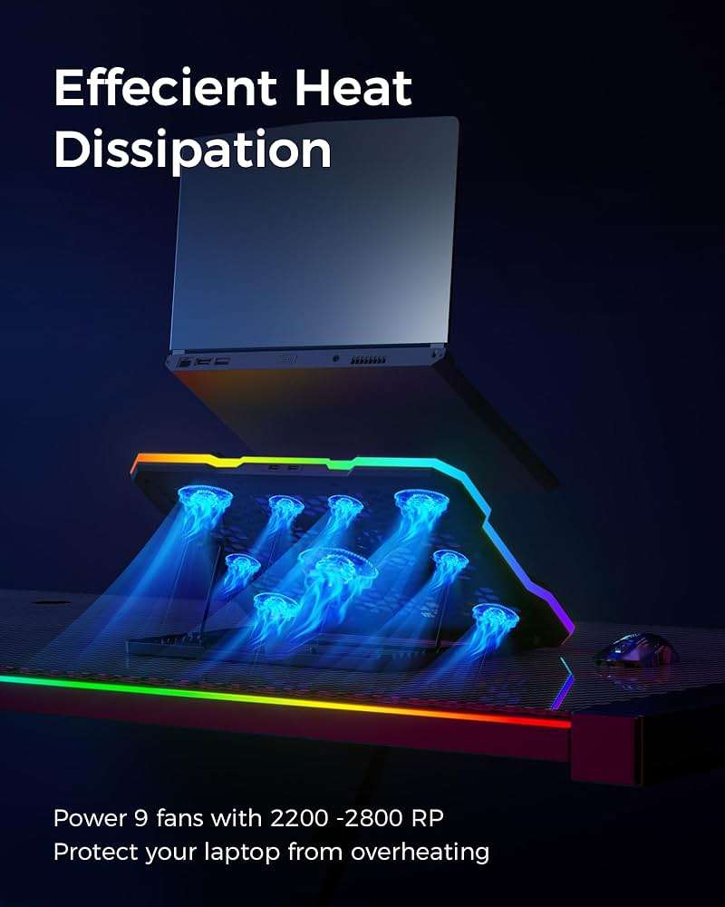ChillCore Laptop Cooling Pad, RGB Lights Laptop Cooler 9 Fans for 15.6-19.3 Inch Laptops, Gaming Laptop Fan Cooling Pad with 8 Height Stands, 2 USB Ports - A21 Blue - Image 2