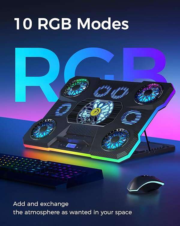 ChillCore Laptop Cooling Pad, RGB Lights Laptop Cooler 9 Fans for 15.6-19.3 Inch Laptops, Gaming Laptop Fan Cooling Pad with 8 Height Stands, 2 USB Ports - A21 Blue - Image 5