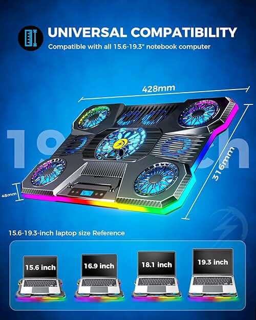 ChillCore Laptop Cooling Pad, RGB Lights Laptop Cooler 9 Fans for 15.6-19.3 Inch Laptops, Gaming Laptop Fan Cooling Pad with 8 Height Stands, 2 USB Ports - A21 Blue - Image 7