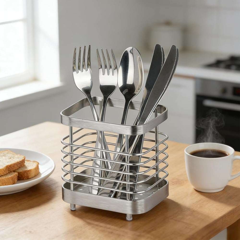 IWNTWY Utensil Holder, Stainless Steel Utensil Drying Rack for Kitchen Counter, Silverware Cutlery Flatware Holder Forks, Knives, Spoons, Chopsticks Organizer (Silver) - Image 2