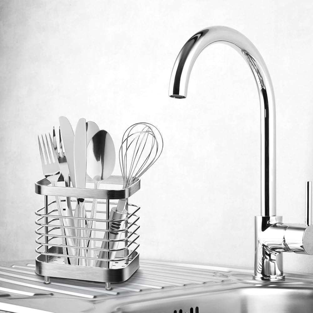 IWNTWY Utensil Holder, Stainless Steel Utensil Drying Rack for Kitchen Counter, Silverware Cutlery Flatware Holder Forks, Knives, Spoons, Chopsticks Organizer (Silver) - Image 6
