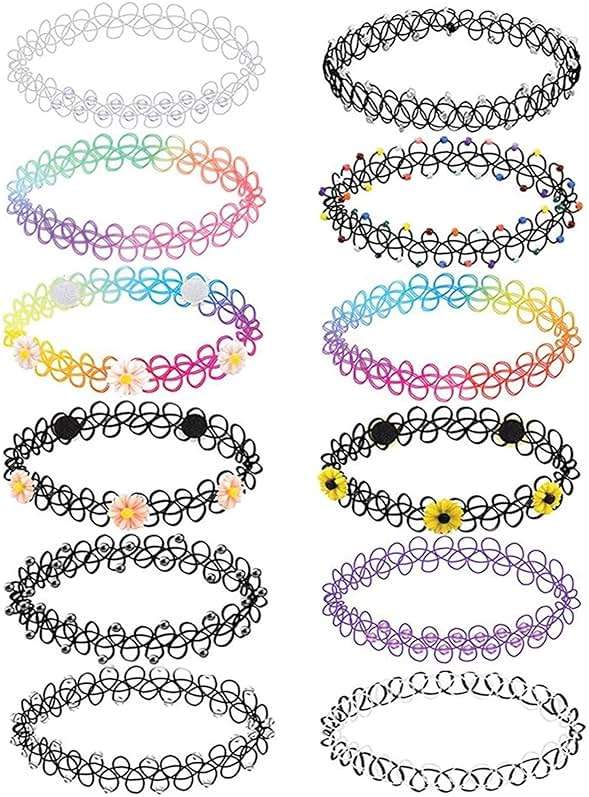 BodyJ4You 12PC Tattoo Choker Necklace for Women - 90s Choker Necklaces Y2K Fashion Trendy Vintage - Emo Black Choker Rainbow Pink White Purple Neon Green Blue Daisy Flower - Image 1