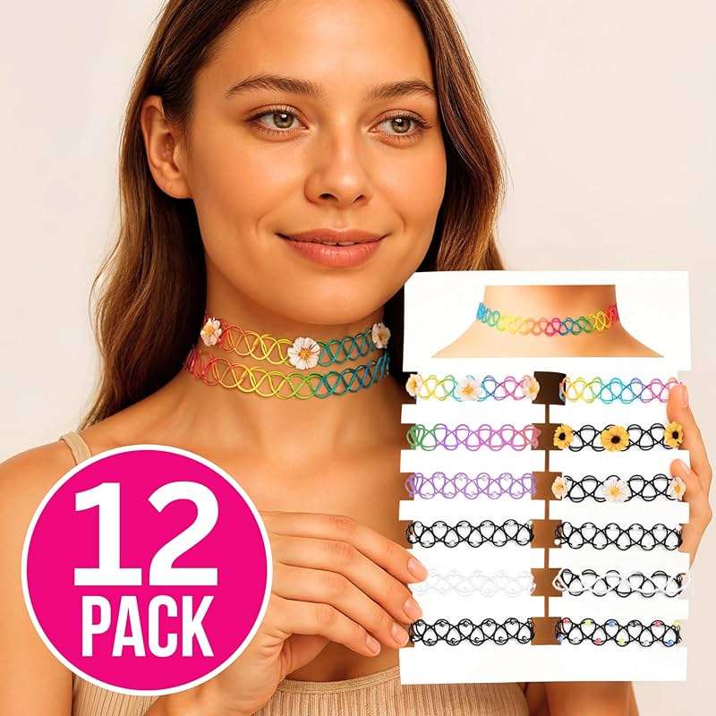 BodyJ4You 12PC Tattoo Choker Necklace for Women - 90s Choker Necklaces Y2K Fashion Trendy Vintage - Emo Black Choker Rainbow Pink White Purple Neon Green Blue Daisy Flower - Image 2