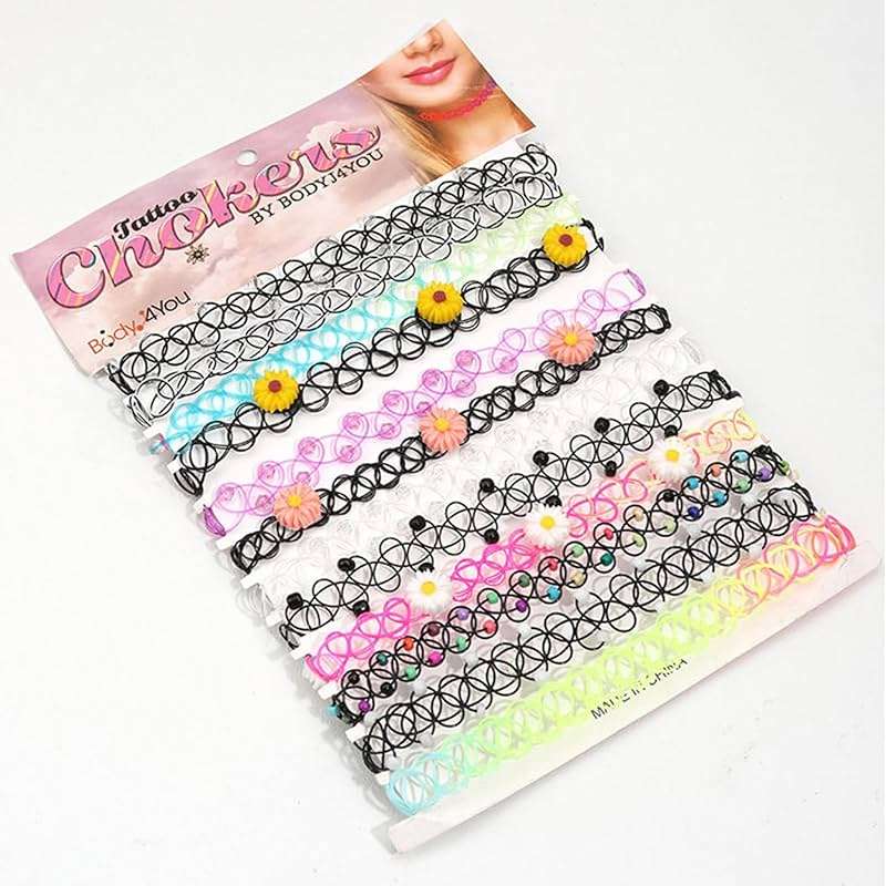 BodyJ4You 12PC Tattoo Choker Necklace for Women - 90s Choker Necklaces Y2K Fashion Trendy Vintage - Emo Black Choker Rainbow Pink White Purple Neon Green Blue Daisy Flower - Image 3
