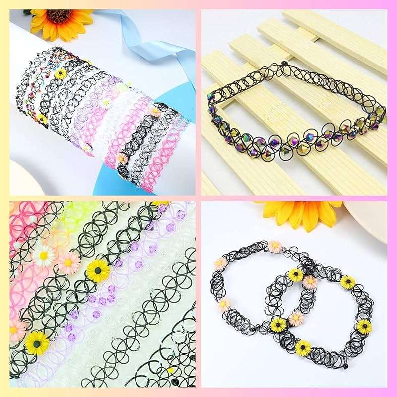 BodyJ4You 12PC Tattoo Choker Necklace for Women - 90s Choker Necklaces Y2K Fashion Trendy Vintage - Emo Black Choker Rainbow Pink White Purple Neon Green Blue Daisy Flower - Image 4