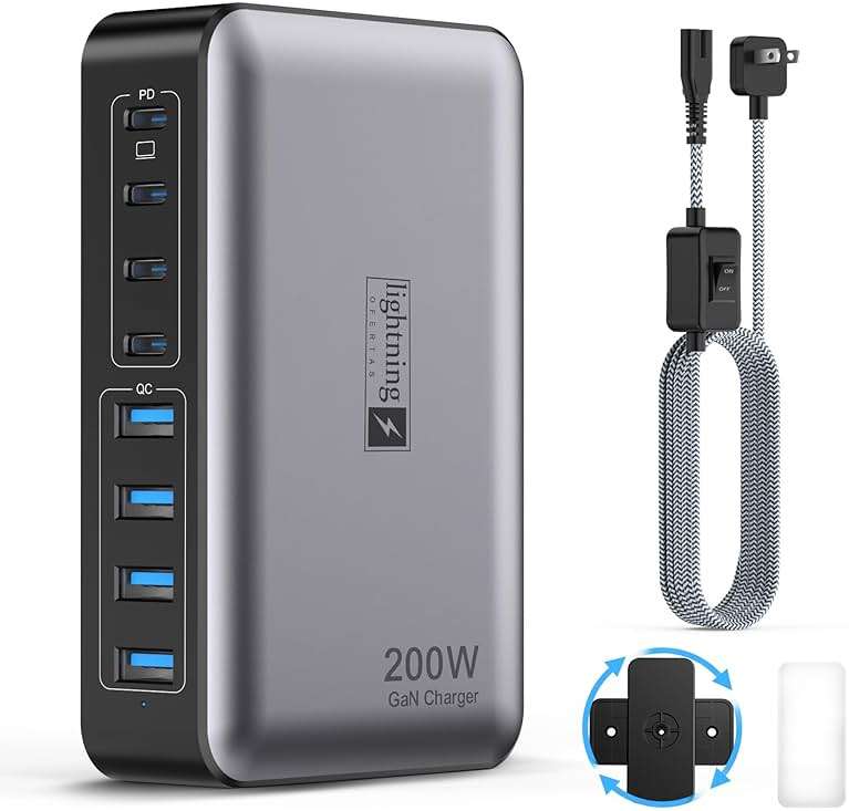 USB C Fast Charger Block 200W, 8 Ports Charging Station for iPhone/Ipad/MacBook, 4C4A GaN Charger Box, Flat Plug Multi Chargers for All Devices 5ft Braided Power Cord with On/Off Switch - Image 1
