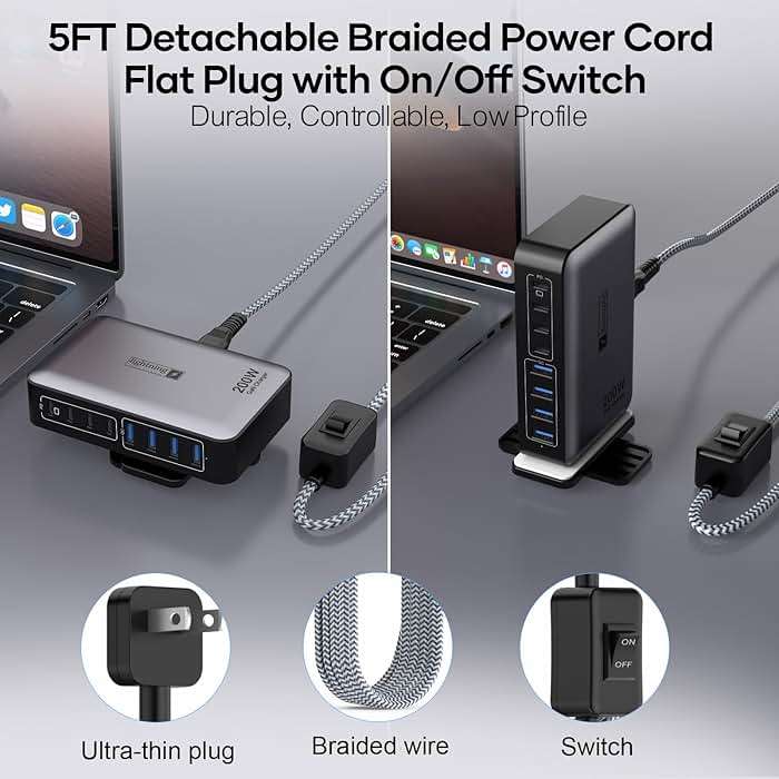USB C Fast Charger Block 200W, 8 Ports Charging Station for iPhone/Ipad/MacBook, 4C4A GaN Charger Box, Flat Plug Multi Chargers for All Devices 5ft Braided Power Cord with On/Off Switch - Image 3