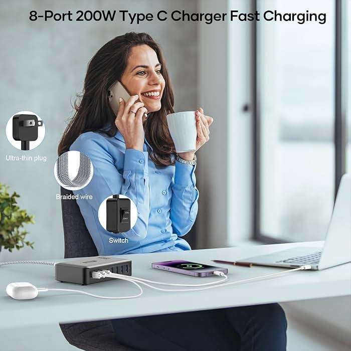 USB C Fast Charger Block 200W, 8 Ports Charging Station for iPhone/Ipad/MacBook, 4C4A GaN Charger Box, Flat Plug Multi Chargers for All Devices 5ft Braided Power Cord with On/Off Switch - Image 7