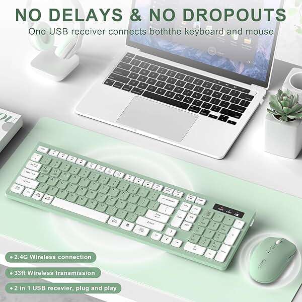 Wireless Keyboard and Mouse Combo, 2.4G Full Size Silent Keyboard with Fn Multimedia Keys for Office and Home, 3-Level DPI Adjustable Quiet Mouse for Windows,Mac OS Desktop/Laptop/PC(Avocado Green) - Image 2