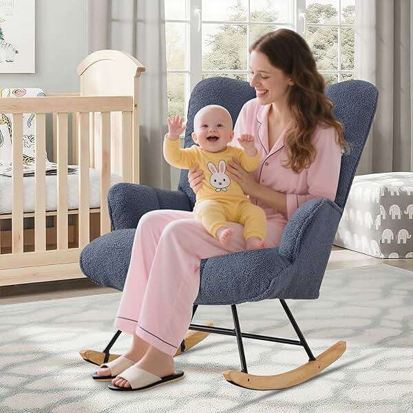 Zedachica Rocking Chair Nursery Teddy Upholstered Glider Rocker Rocking Accent Chair Padded Seat with High Backrest Armchair Comfy Side Chair for Living Room Bedroom Offices (Dark Blue Teddy) - Image 2