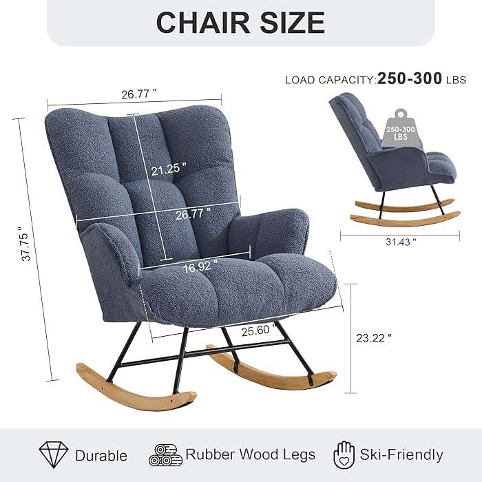 Zedachica Rocking Chair Nursery Teddy Upholstered Glider Rocker Rocking Accent Chair Padded Seat with High Backrest Armchair Comfy Side Chair for Living Room Bedroom Offices (Dark Blue Teddy) - Image 3