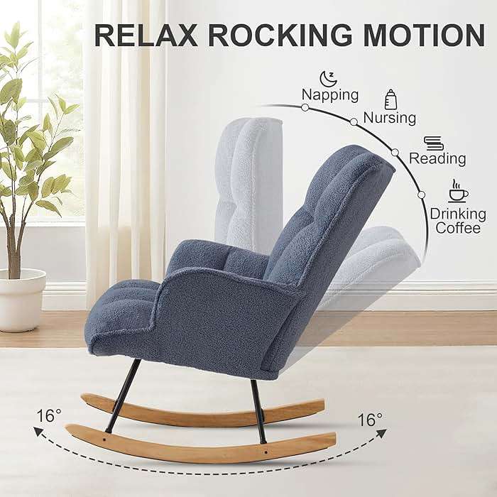 Zedachica Rocking Chair Nursery Teddy Upholstered Glider Rocker Rocking Accent Chair Padded Seat with High Backrest Armchair Comfy Side Chair for Living Room Bedroom Offices (Dark Blue Teddy) - Image 4