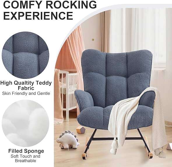 Zedachica Rocking Chair Nursery Teddy Upholstered Glider Rocker Rocking Accent Chair Padded Seat with High Backrest Armchair Comfy Side Chair for Living Room Bedroom Offices (Dark Blue Teddy) - Image 5