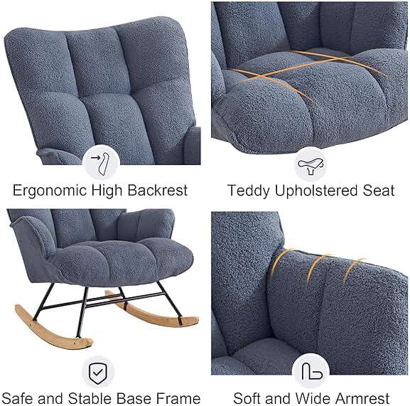 Zedachica Rocking Chair Nursery Teddy Upholstered Glider Rocker Rocking Accent Chair Padded Seat with High Backrest Armchair Comfy Side Chair for Living Room Bedroom Offices (Dark Blue Teddy) - Image 6