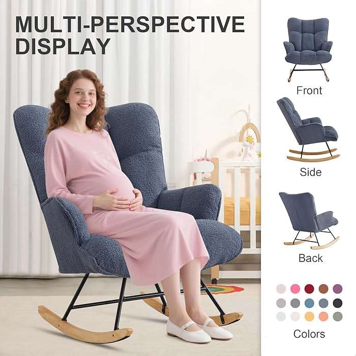 Zedachica Rocking Chair Nursery Teddy Upholstered Glider Rocker Rocking Accent Chair Padded Seat with High Backrest Armchair Comfy Side Chair for Living Room Bedroom Offices (Dark Blue Teddy) - Image 7