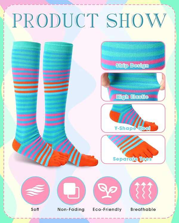 Bonuci 6 Pairs Rainbow Toe Socks Christmas Women Cotton Knee High Toe Sock Separated Striped Pride Long LGBT Sock - Image 3