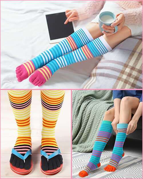 Bonuci 6 Pairs Rainbow Toe Socks Christmas Women Cotton Knee High Toe Sock Separated Striped Pride Long LGBT Sock - Image 4