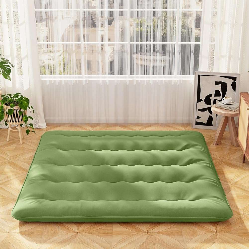 Giantex Japanese Floor Mattress, 4 Inch Futon Mattress with Washable Cover & Storage Bag, Foldable Roll up Mattress Tatami Mat, Portable Sleeping Pad for Camping, Dormitory, Green, King - Image 1