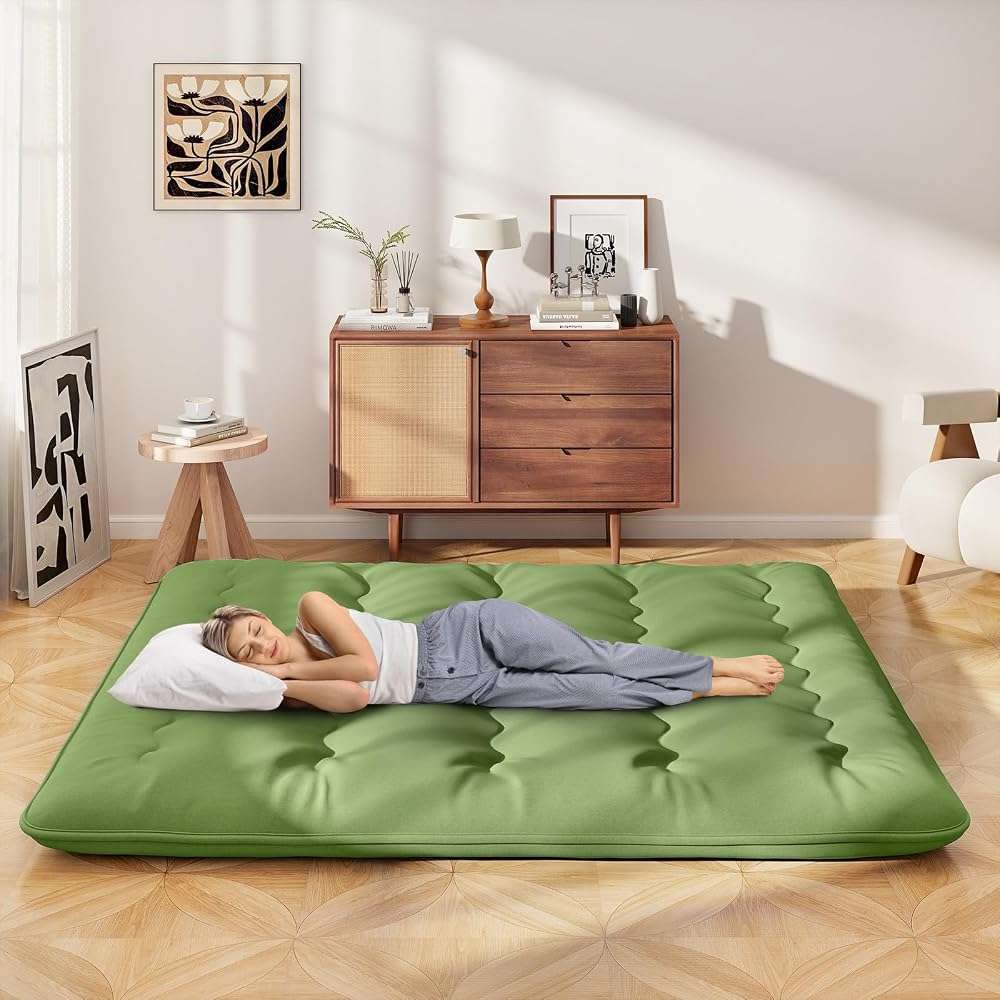 Giantex Japanese Floor Mattress, 4 Inch Futon Mattress with Washable Cover & Storage Bag, Foldable Roll up Mattress Tatami Mat, Portable Sleeping Pad for Camping, Dormitory, Green, King - Image 3