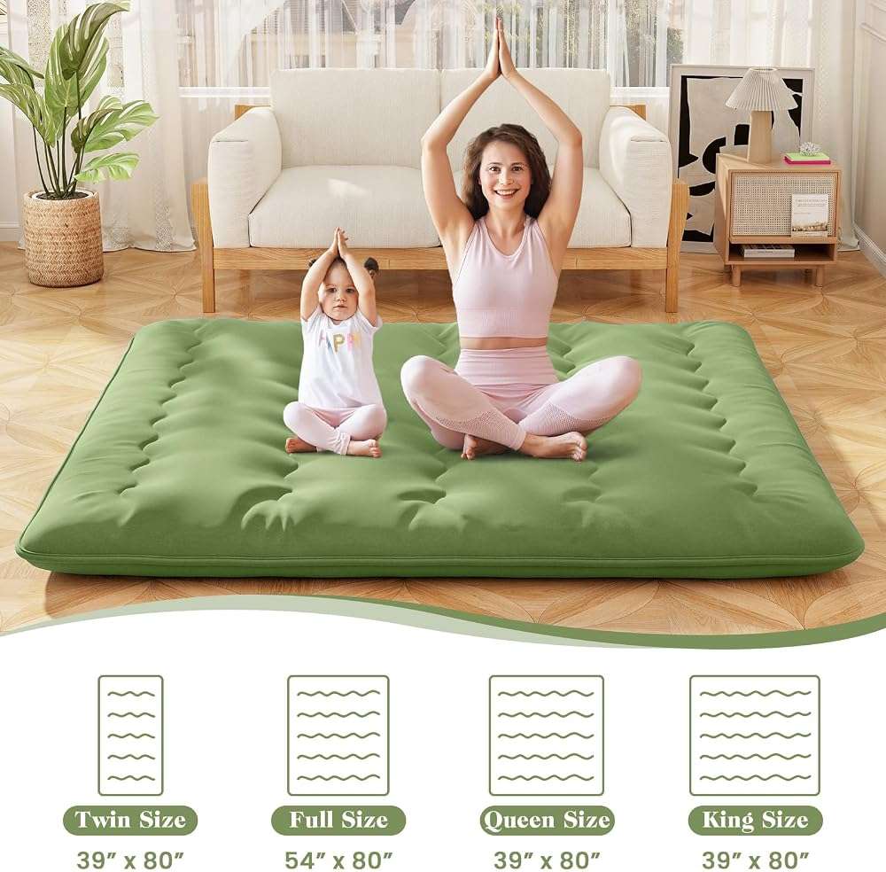 Giantex Japanese Floor Mattress, 4 Inch Futon Mattress with Washable Cover & Storage Bag, Foldable Roll up Mattress Tatami Mat, Portable Sleeping Pad for Camping, Dormitory, Green, King - Image 4