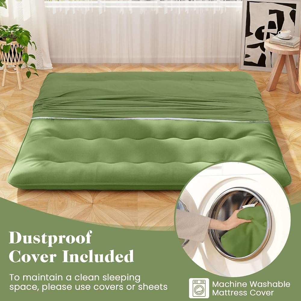 Giantex Japanese Floor Mattress, 4 Inch Futon Mattress with Washable Cover & Storage Bag, Foldable Roll up Mattress Tatami Mat, Portable Sleeping Pad for Camping, Dormitory, Green, King - Image 5