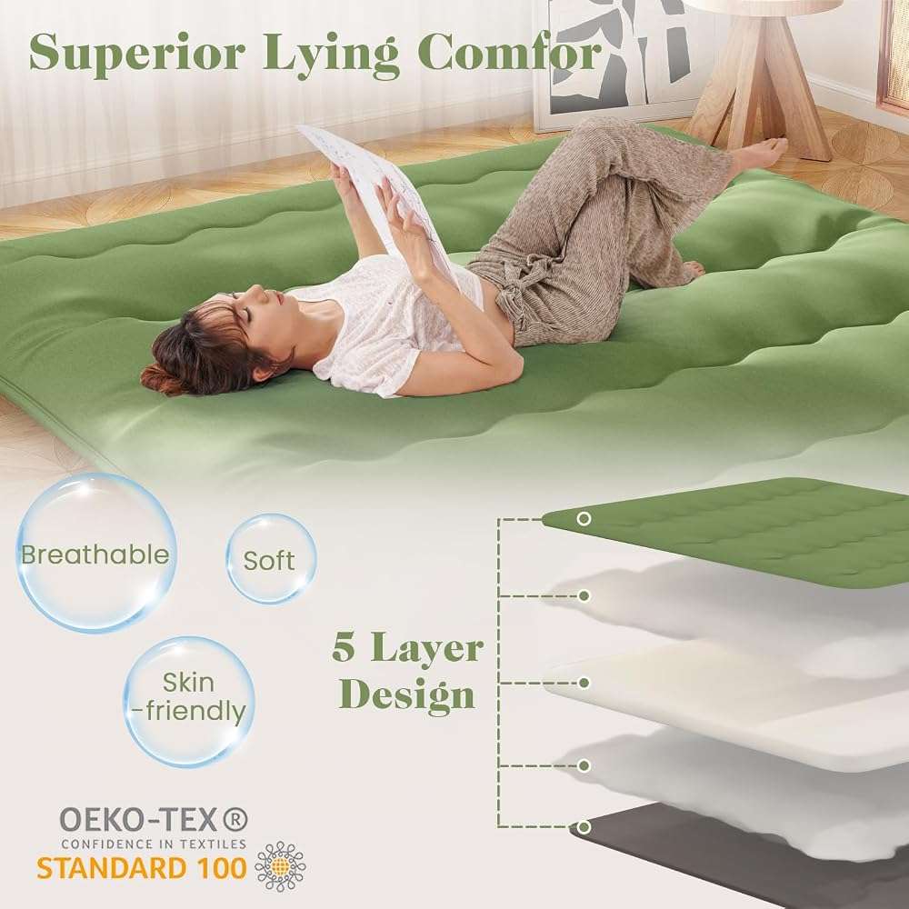Giantex Japanese Floor Mattress, 4 Inch Futon Mattress with Washable Cover & Storage Bag, Foldable Roll up Mattress Tatami Mat, Portable Sleeping Pad for Camping, Dormitory, Green, King - Image 6