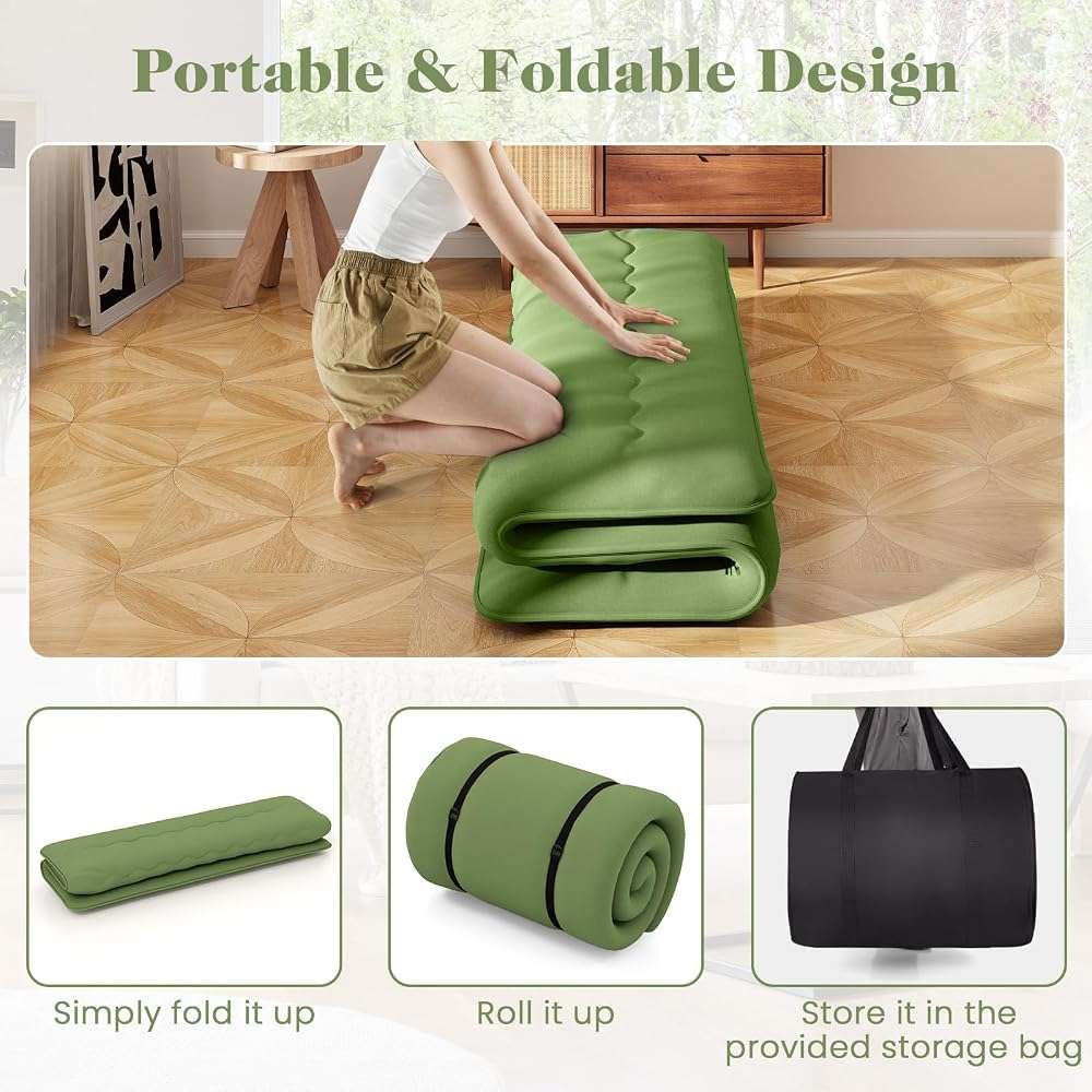 Giantex Japanese Floor Mattress, 4 Inch Futon Mattress with Washable Cover & Storage Bag, Foldable Roll up Mattress Tatami Mat, Portable Sleeping Pad for Camping, Dormitory, Green, King - Image 9