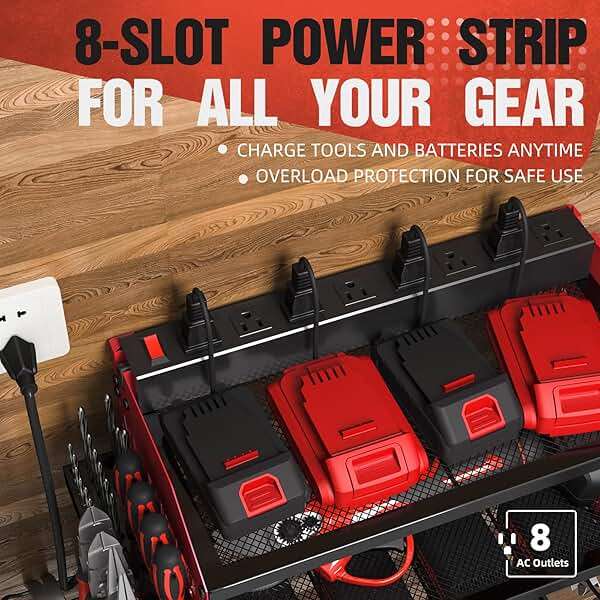 Power Tool Organizer with Charging Station, Heavy Duty Modular Wall Mount Rack for Garage & Shed Organization, 4 Drill Holders, Fathers Day Anniversary Birthday Gifts for Men Dad Him Husband(Red) - Image 2