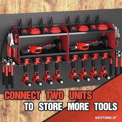 Power Tool Organizer with Charging Station, Heavy Duty Modular Wall Mount Rack for Garage & Shed Organization, 4 Drill Holders, Fathers Day Anniversary Birthday Gifts for Men Dad Him Husband(Red) - Image 8