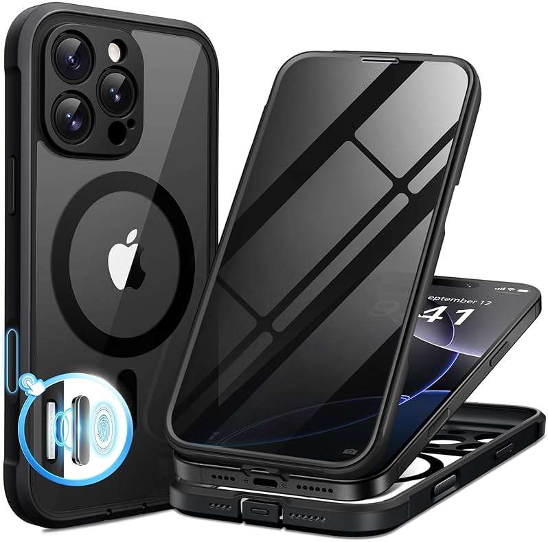 BERFY for iPhone 16 Pro Max Case, Compatible with MagSafe, Built-in Privacy Screen Protector, Camera Protection, Shockproof Full Body Phone Case 6.9", Clear Black - Image 1