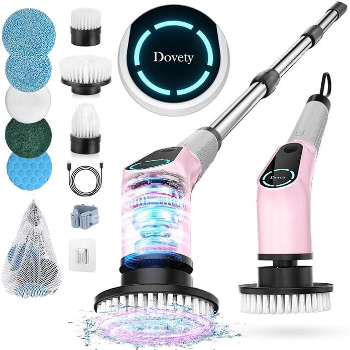 Dovety Electric Spin Scrubber, Cordless Cleaning Brush, Shower Scrubber with 8 Replaceable Brush Head, Power Cleaning Brush with Extension Handle, 2 Adjustable Speed, for Bathtub Tile Floor (Pink) - Image 1
