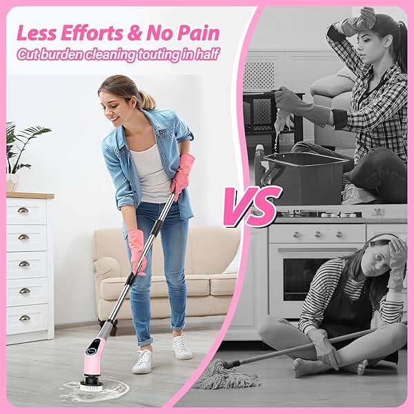 Dovety Electric Spin Scrubber, Cordless Cleaning Brush, Shower Scrubber with 8 Replaceable Brush Head, Power Cleaning Brush with Extension Handle, 2 Adjustable Speed, for Bathtub Tile Floor (Pink) - Image 2
