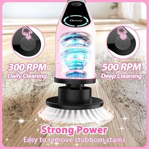 Dovety Electric Spin Scrubber, Cordless Cleaning Brush, Shower Scrubber with 8 Replaceable Brush Head, Power Cleaning Brush with Extension Handle, 2 Adjustable Speed, for Bathtub Tile Floor (Pink) - Image 3