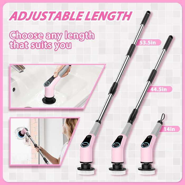 Dovety Electric Spin Scrubber, Cordless Cleaning Brush, Shower Scrubber with 8 Replaceable Brush Head, Power Cleaning Brush with Extension Handle, 2 Adjustable Speed, for Bathtub Tile Floor (Pink) - Image 4