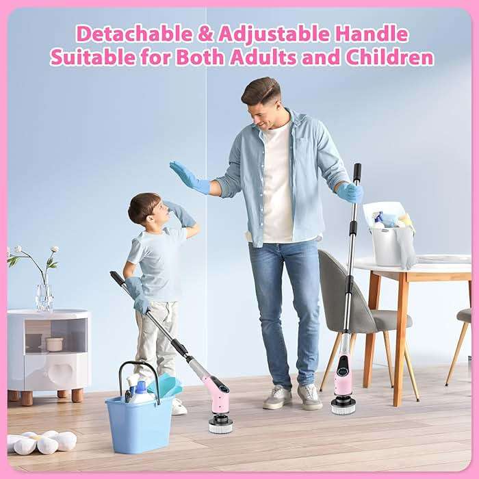 Dovety Electric Spin Scrubber, Cordless Cleaning Brush, Shower Scrubber with 8 Replaceable Brush Head, Power Cleaning Brush with Extension Handle, 2 Adjustable Speed, for Bathtub Tile Floor (Pink) - Image 5