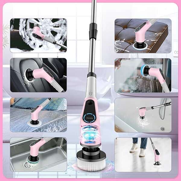 Dovety Electric Spin Scrubber, Cordless Cleaning Brush, Shower Scrubber with 8 Replaceable Brush Head, Power Cleaning Brush with Extension Handle, 2 Adjustable Speed, for Bathtub Tile Floor (Pink) - Image 6
