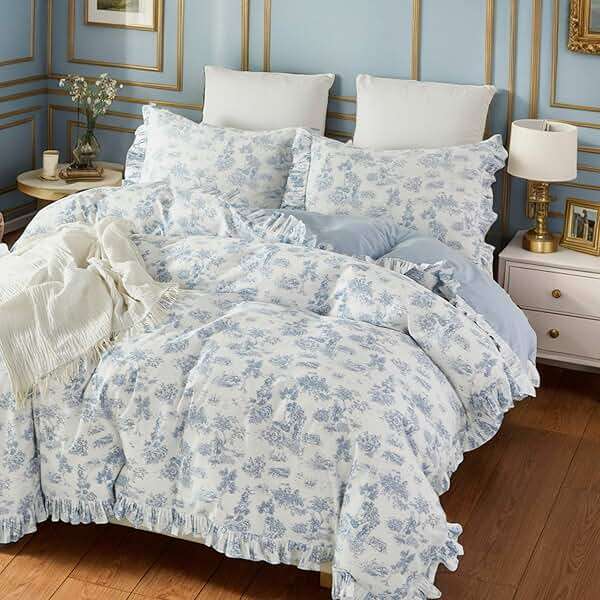 Brandream French Country Toile Queen Duvet Cover Set for Girl Women Bedroom Vintage Blue Toile Floral Print 100% Cotton Duvet Quilt Comforter Cover Pillow Shams Set with Delicate Ruffle Fringe - Image 1