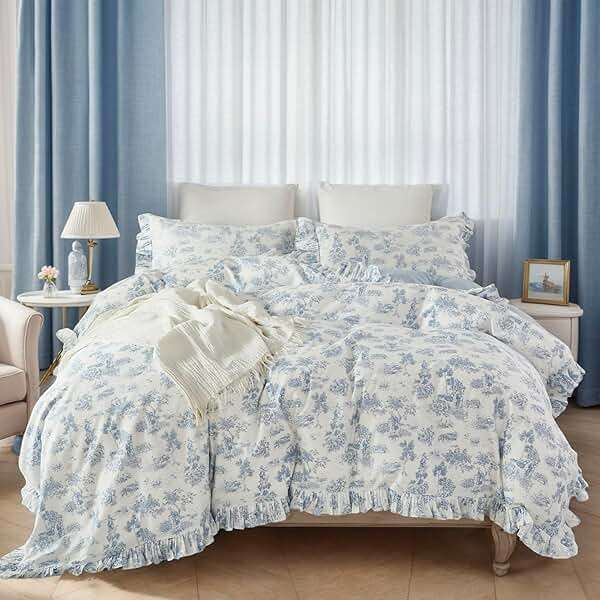 Brandream French Country Toile Queen Duvet Cover Set for Girl Women Bedroom Vintage Blue Toile Floral Print 100% Cotton Duvet Quilt Comforter Cover Pillow Shams Set with Delicate Ruffle Fringe - Image 3