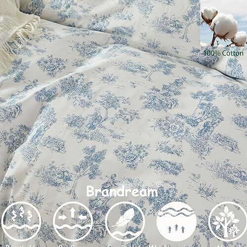 Brandream French Country Toile Queen Duvet Cover Set for Girl Women Bedroom Vintage Blue Toile Floral Print 100% Cotton Duvet Quilt Comforter Cover Pillow Shams Set with Delicate Ruffle Fringe - Image 6