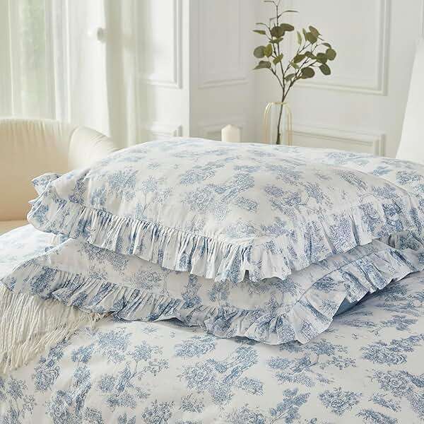 Brandream French Country Toile Queen Duvet Cover Set for Girl Women Bedroom Vintage Blue Toile Floral Print 100% Cotton Duvet Quilt Comforter Cover Pillow Shams Set with Delicate Ruffle Fringe - Image 7