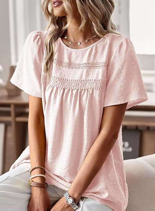 Falechay Womens Summer Tops Crewneck Short Sleeve Shirts Casual Chiffon Blouses Flowy Lace Hem Boho Clothing Trendy 2026 - Image 2