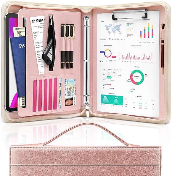 Padfolio Portfolio Organizer Binder with Zipper and Hidden Handle, PU Leather Portfolio Folder for Documents, Business Card Holder, Notepad Padfolio for Men&Women (Rose Gold) - Image 1