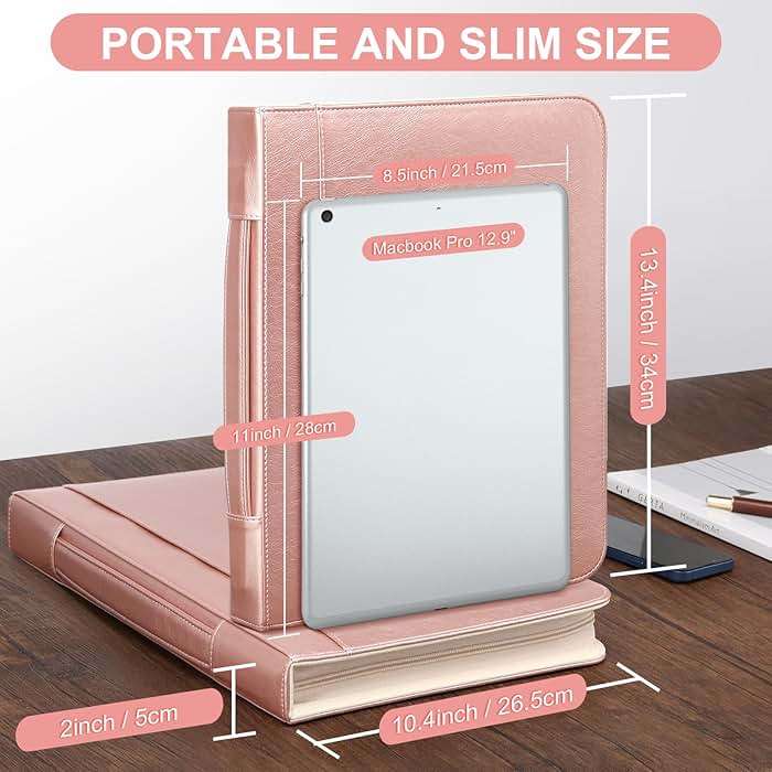 Padfolio Portfolio Organizer Binder with Zipper and Hidden Handle, PU Leather Portfolio Folder for Documents, Business Card Holder, Notepad Padfolio for Men&Women (Rose Gold) - Image 2