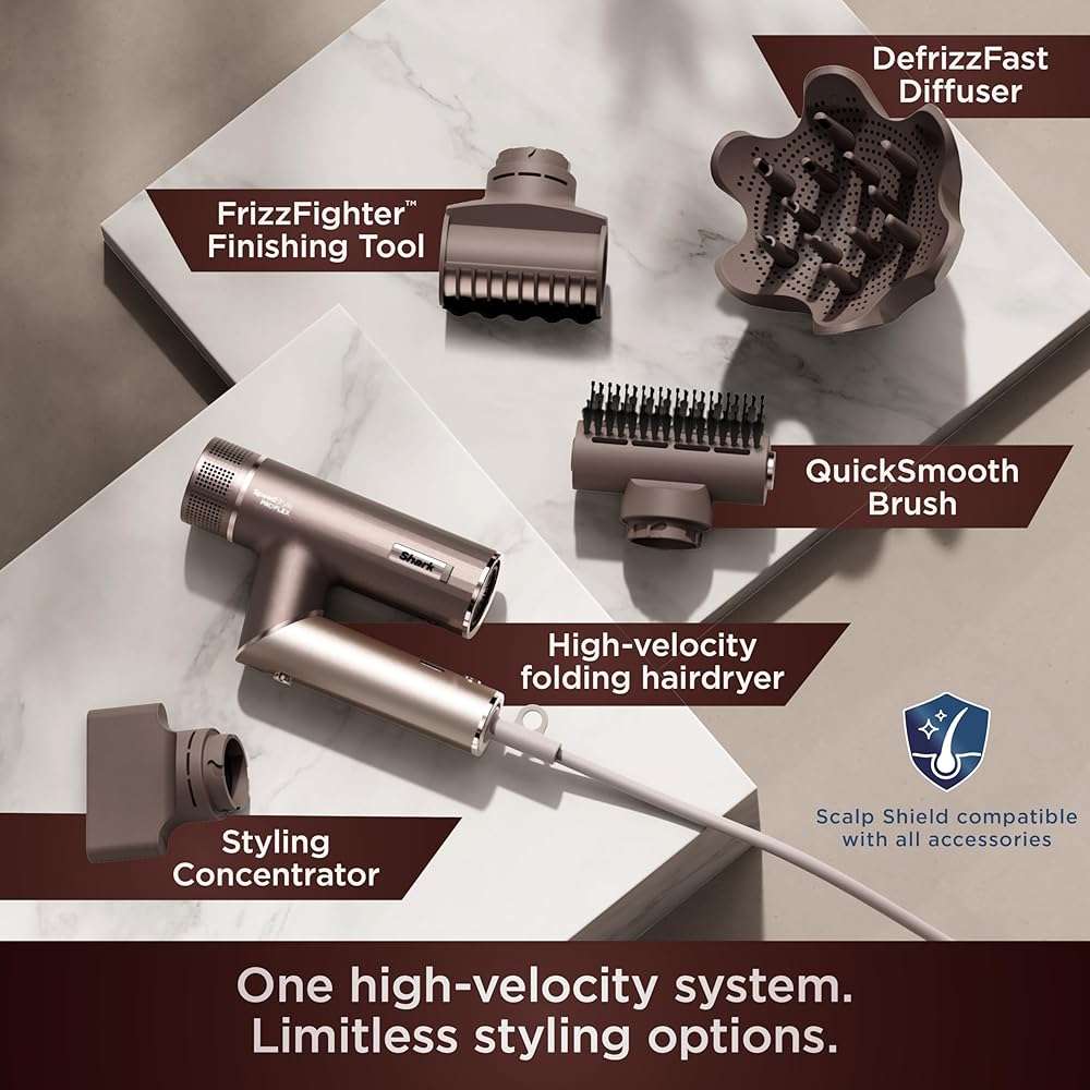 Shark SpeedStyle Pro Flex Professional Performance High-Velocity Hair Dryer System with Scalp Shield & IQ Speed Styling and Drying Suite, Lightweight, Ionic, No Heat Damage, Mocha Silver, HD542 - Image 5